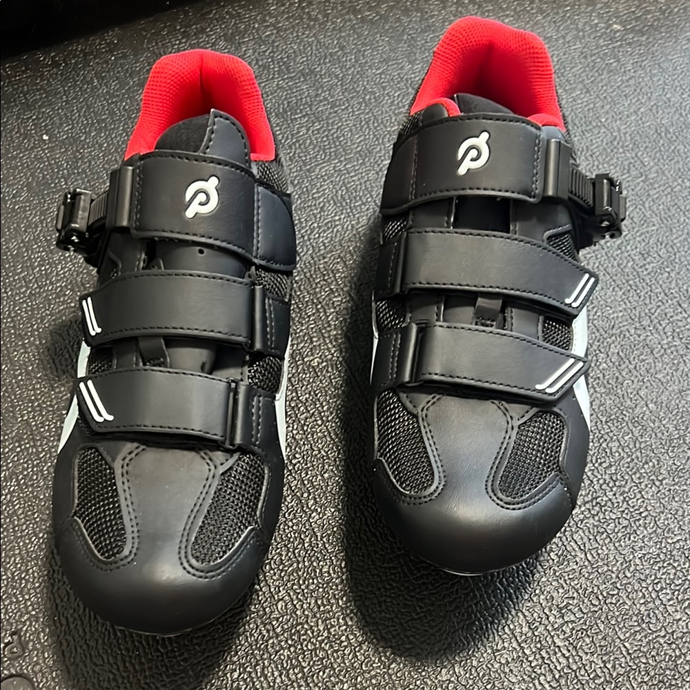 Peloton Black and White Cycling Shoes with Red Cleats